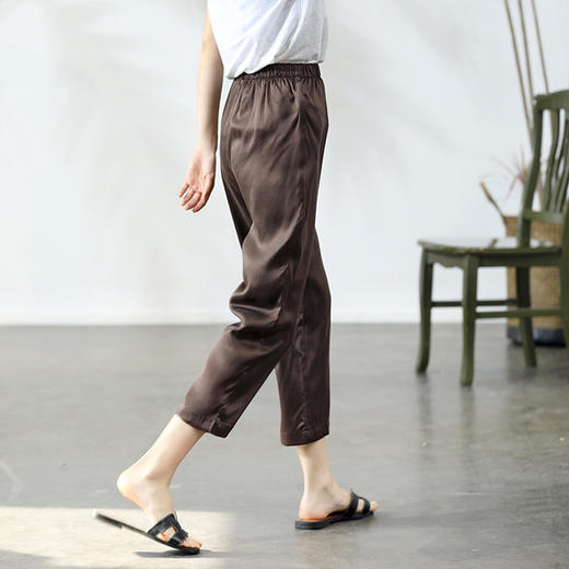 丁摩 重磅真丝素绉缎长裤休闲直筒松紧腰九分裤修身显瘦桑蚕丝裤女20-122DA499 商品图2