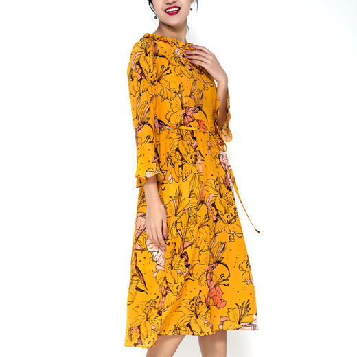 丁摩 真丝连衣裙木耳边系带印花时尚桑蚕丝连衣裙20-08DB599 商品图5