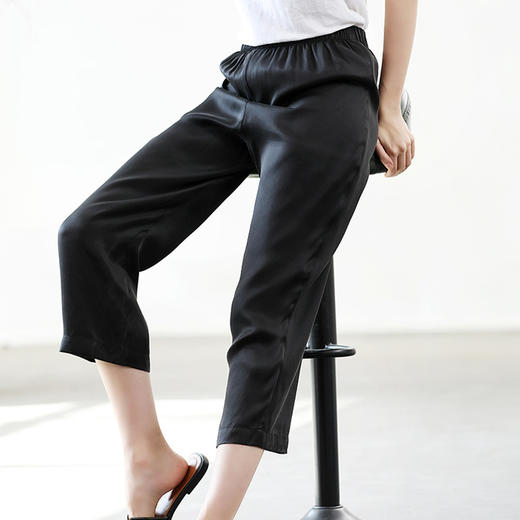 丁摩 重磅真丝素绉缎长裤休闲直筒松紧腰九分裤修身显瘦桑蚕丝裤女20-122DA499 商品图7