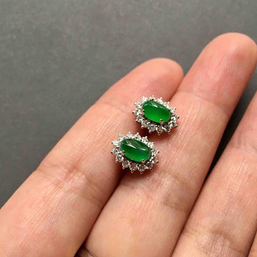 高冰种帝王绿翡翠耳钉18k白金钻石镶嵌