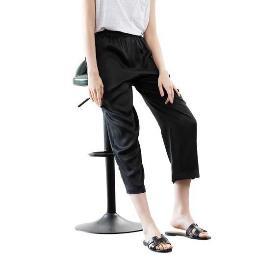 丁摩 重磅真丝素绉缎长裤休闲直筒松紧腰九分裤修身显瘦桑蚕丝裤女20-122DA499 商品图11