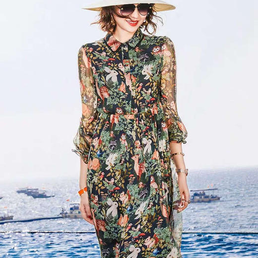 丁摩 新款真丝连衣裙衬衫印花沙滩裙桑蚕丝连衣裙20-65DB499240531 商品图3