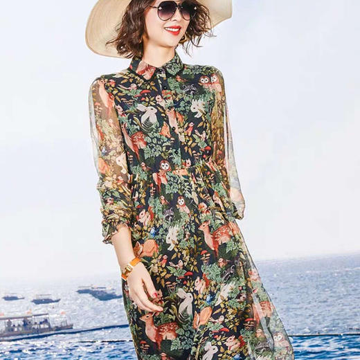 丁摩 新款真丝连衣裙衬衫印花沙滩裙桑蚕丝连衣裙20-65DB499240531 商品图1