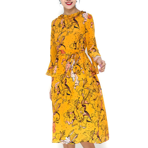 丁摩 真丝连衣裙木耳边系带印花时尚桑蚕丝连衣裙20-08DB599 商品图4