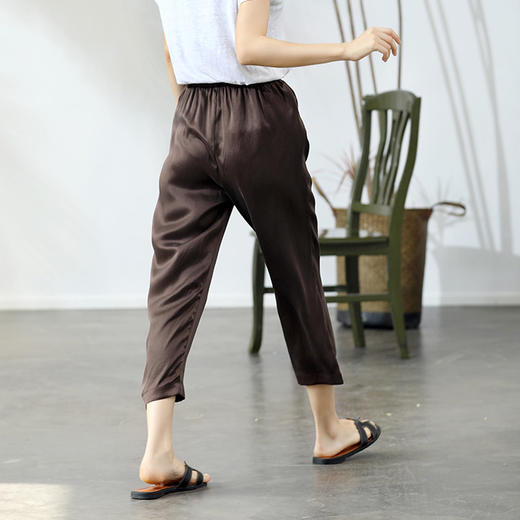 丁摩 重磅真丝素绉缎长裤休闲直筒松紧腰九分裤修身显瘦桑蚕丝裤女20-122DA499 商品图3