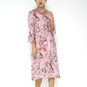 丁摩 真丝连衣裙木耳边系带印花时尚桑蚕丝连衣裙20-08DB599