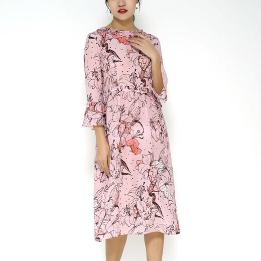 丁摩 真丝连衣裙木耳边系带印花时尚桑蚕丝连衣裙20-08DB599 商品图0