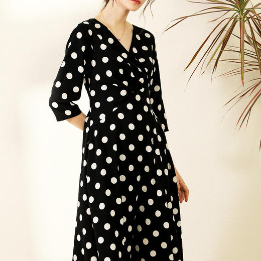 丁摩 真丝连衣裙女收腰显瘦时尚波点V领桑蚕丝连衣裙长裙20-130DL699 商品图2
