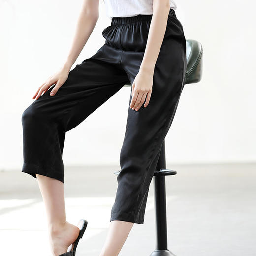 丁摩 重磅真丝素绉缎长裤休闲直筒松紧腰九分裤修身显瘦桑蚕丝裤女20-122DA499 商品图8