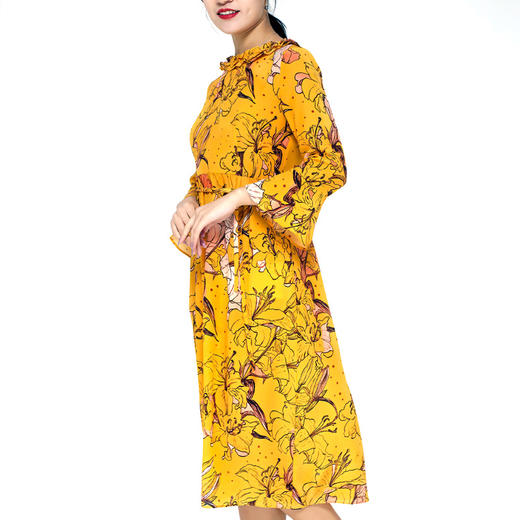 丁摩 真丝连衣裙木耳边系带印花时尚桑蚕丝连衣裙20-08DB599 商品图6