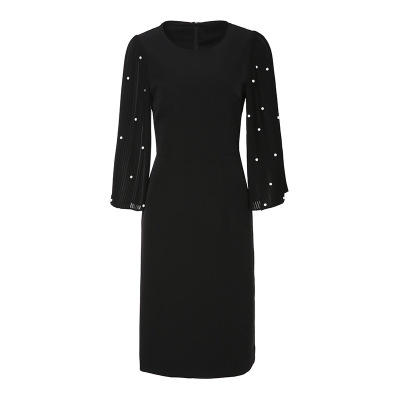 BHS-120104017春夏新款气质优雅压褶钉珠喇叭袖纯色修身连衣裙 商品图4