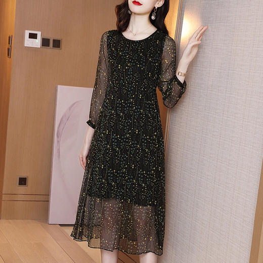 丁摩 真丝连衣裙女复古印花圆领宽松大摆桑蚕丝连衣裙20-120HS-DS399 商品图7