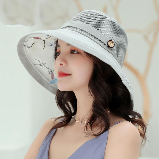 ZQ-V1-m9163（PF针织顶）夏季新款拼接木扣遮阳太阳帽双层碎花小清新文艺渔夫帽子女士 商品图0