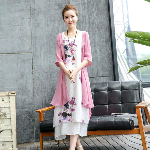 CQ-HYSD10印花宽松棉麻连衣裙套装 商品图2