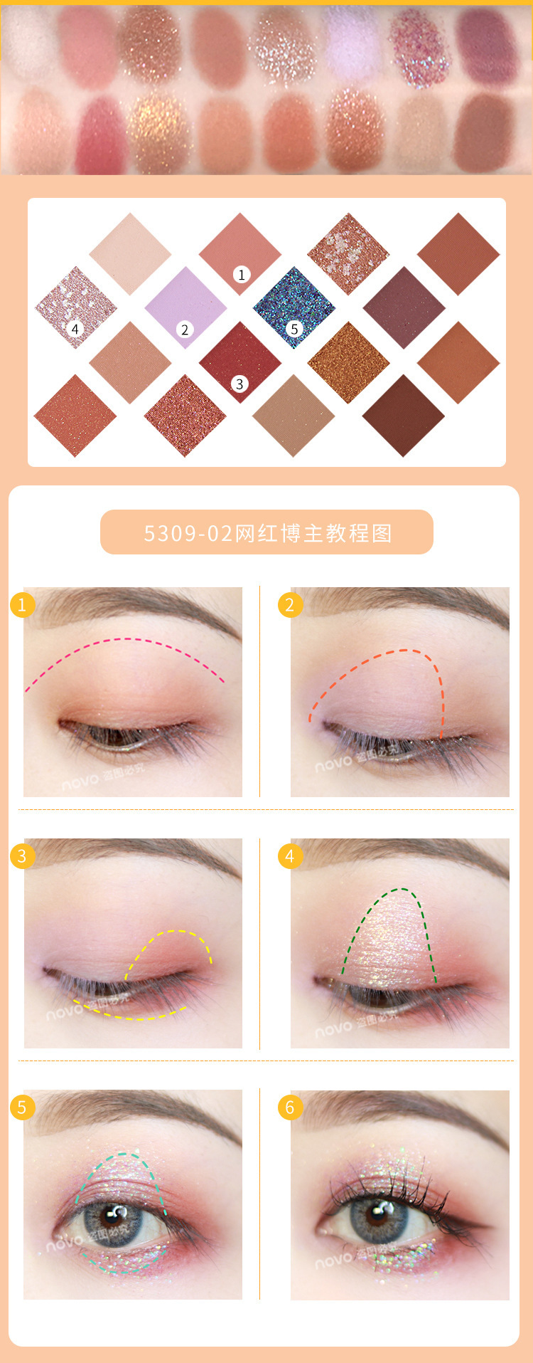 限量16色眼影novo文艺复兴链条眼影南瓜色系哑光亮片眼影盘ins超火