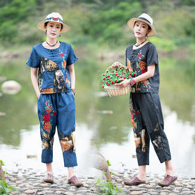 YSY-2212夏季新款大码民族风棉麻裤套装