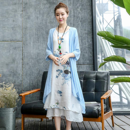 CQ-HYSD10印花宽松棉麻连衣裙套装 商品图0