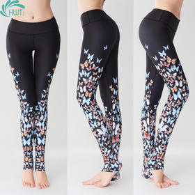 《惊爆618 不退不换》HWT彩色蝴蝶九分小脚裤运动裤瑜伽裤黑花蝴蝶