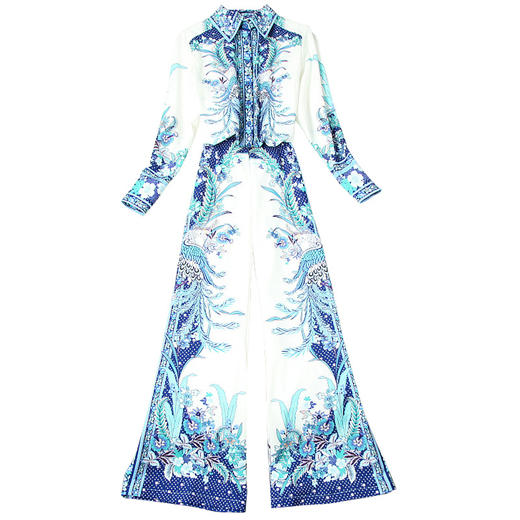 LYY-T10539春季新款民族风印花翻领衬衫+高腰喇叭阔腿裤套装 商品图4