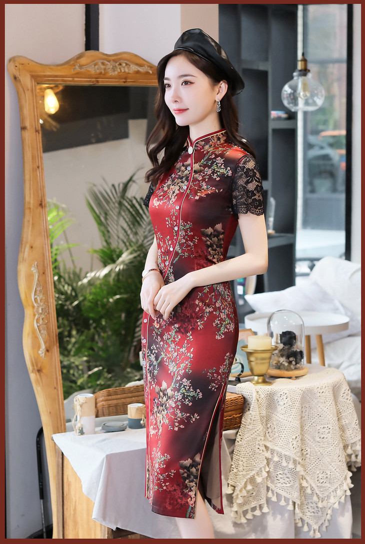 性感修身复古中长款蕾丝丝绸改良旗袍bjs3072
