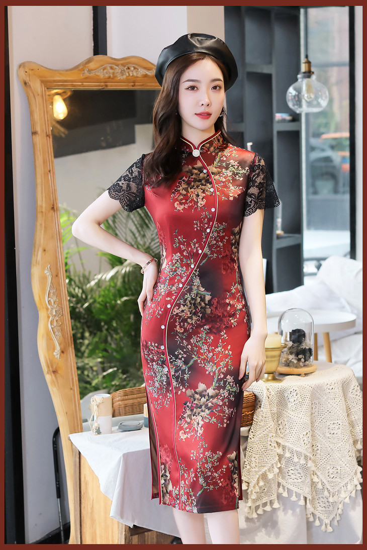 性感修身复古中长款蕾丝丝绸改良旗袍bjs3072