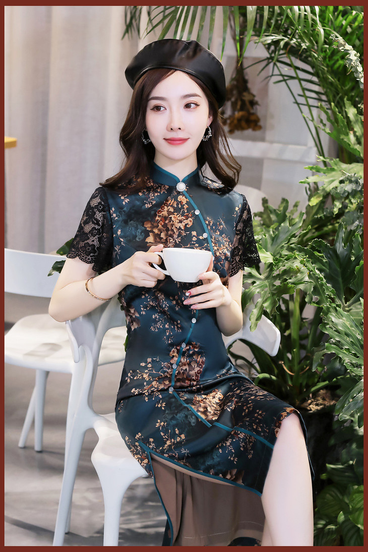 性感修身复古中长款蕾丝丝绸改良旗袍bjs3072