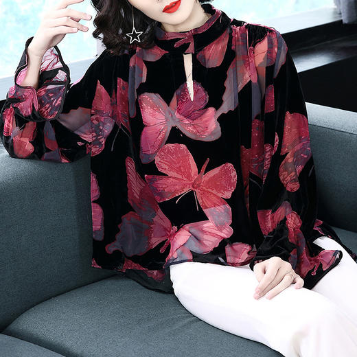 KE-3512春夏新款欧美立领喇叭袖印花植绒不规则衬衫 商品图0