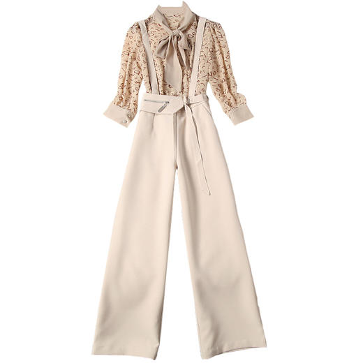 LYY-T10636春夏女装新款飘带领印花雪纺衬衫+高腰阔腿背带裤两件套 商品图4