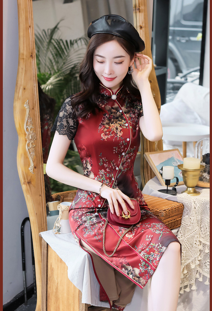 性感修身复古中长款蕾丝丝绸改良旗袍bjs3072