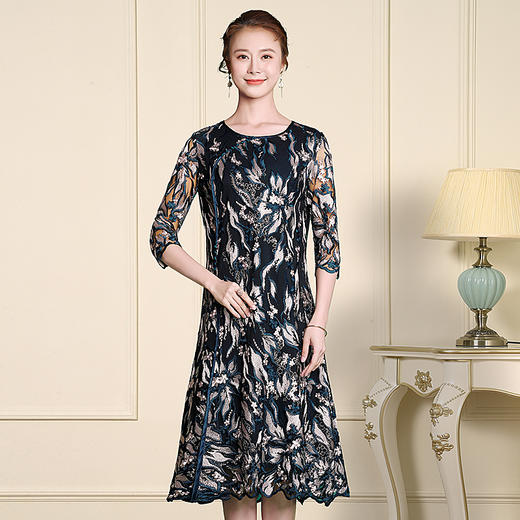YSZE-CL8365新款中年女士洋气网纱刺绣裙子 商品图1