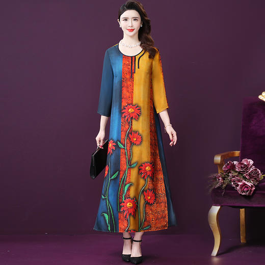 WXY-9169春夏新款圆领七分袖桑蚕丝海边度假大摆裙 商品图0