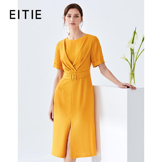 EITIE爱特爱女装春款时尚通勤V领收腰显瘦纯色连衣裙女中长款6107826 商品图0
