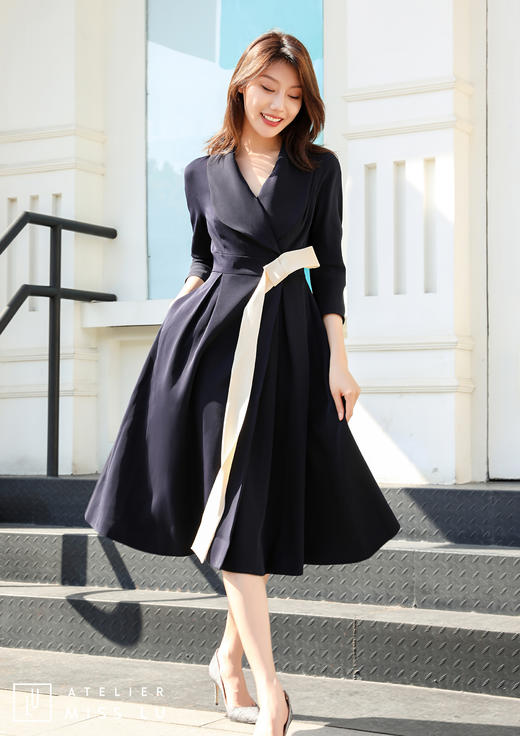 AtelierMissLu /Victoria-优雅藏青色系带翻领外套 商品图14