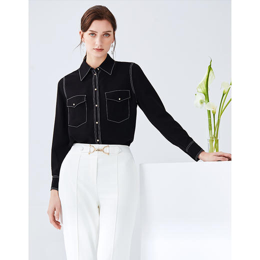 EITIE爱特爱女装春款职业通勤明线装饰显瘦纯色衬衫女上衣6109815 商品图3