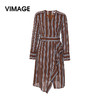 VIMAGE纬漫纪新款时尚不规则V领收腰显瘦条纹雪纺连衣裙V1307904 商品缩略图5