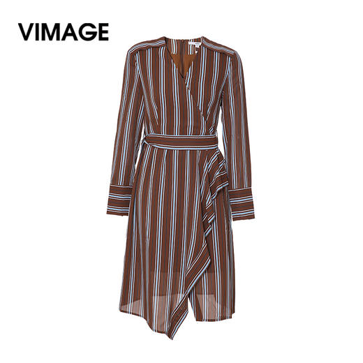 VIMAGE纬漫纪新款时尚不规则V领收腰显瘦条纹雪纺连衣裙V1307904 商品图5