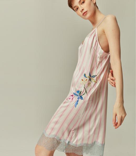 丝绸睡裙条纹刺绣吊带裙SANGLUO桑罗桑蚕丝性感睡衣女家居服 商品图1