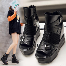 YM-672内增高休闲凉鞋高帮真皮厚底高跟松糕鱼嘴凉靴