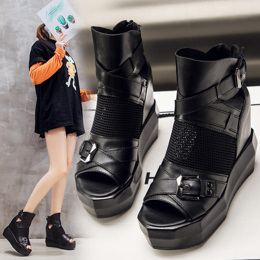 YM-672内增高休闲凉鞋高帮真皮厚底高跟松糕鱼嘴凉靴 商品图0