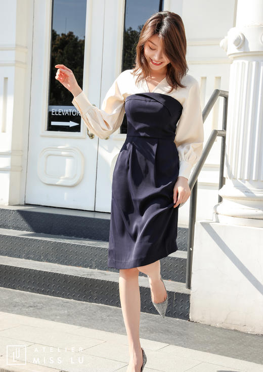 AtelierMissLu / Estrella-典雅蓝白拼色收腰修身裙 商品图13