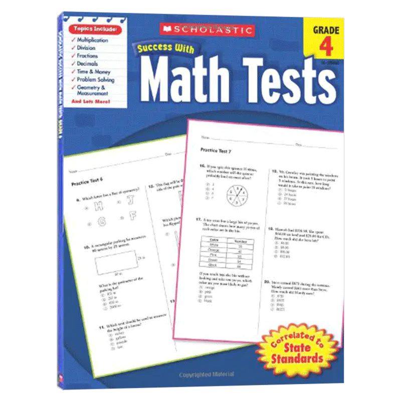美国小学四年级数学测试题学乐英语教材英文原版scholastic Success With Math Tests 4 学乐成功系列小学生家庭练习册英文版