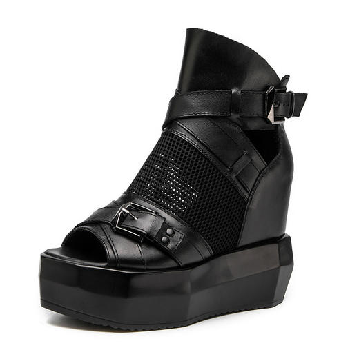 YM-672内增高休闲凉鞋高帮真皮厚底高跟松糕鱼嘴凉靴 商品图4