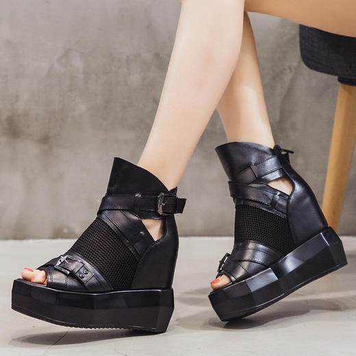 YM-672内增高休闲凉鞋高帮真皮厚底高跟松糕鱼嘴凉靴 商品图2