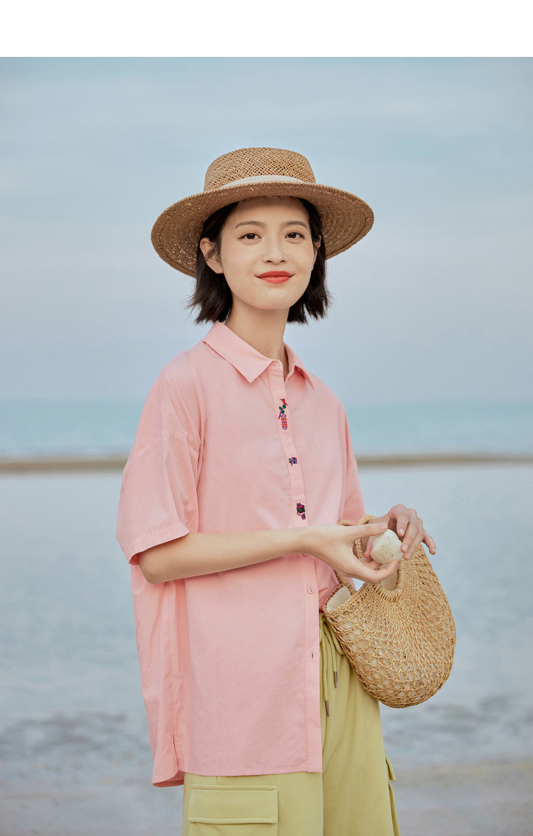 茵曼衬衣2020夏装新款纯棉文艺趣味绣花落肩袖百搭衬衫宽松女bf风
