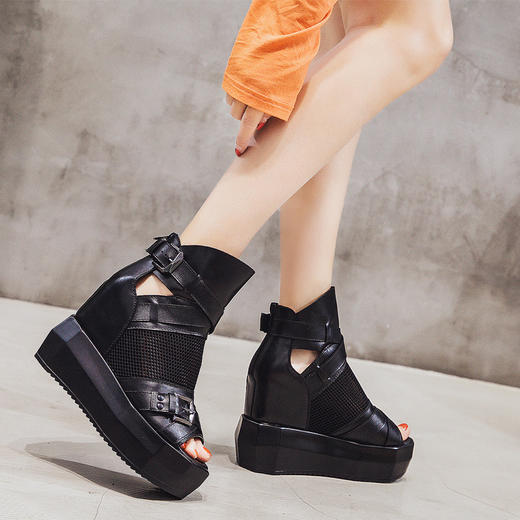 YM-672内增高休闲凉鞋高帮真皮厚底高跟松糕鱼嘴凉靴 商品图3