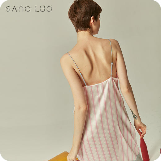 丝绸睡裙条纹刺绣吊带裙SANGLUO桑罗桑蚕丝性感睡衣女家居服 商品图2