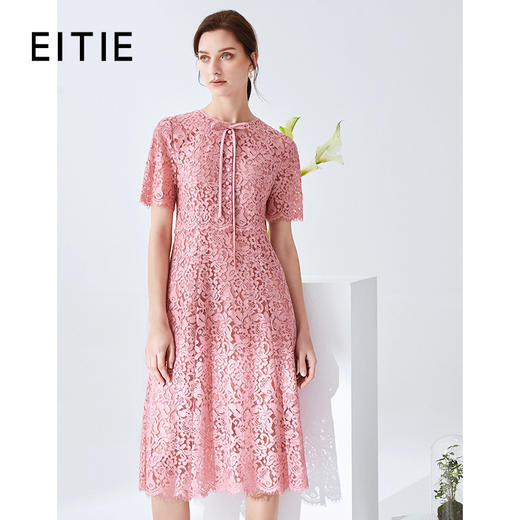 EITIE爱特爱女装春款优雅时尚减龄系带镂空蕾丝连衣裙女中长 商品图0