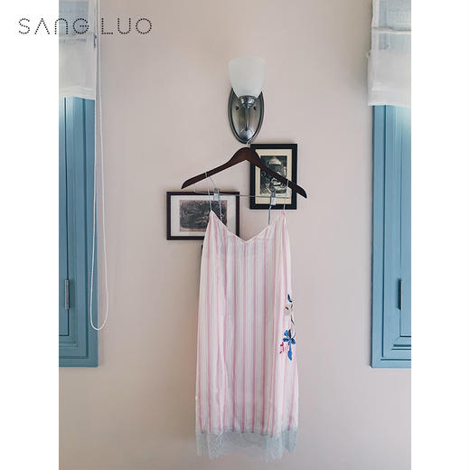 丝绸睡裙条纹刺绣吊带裙SANGLUO桑罗桑蚕丝性感睡衣女家居服 商品图3