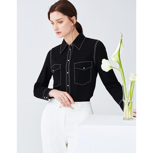 EITIE爱特爱女装春款职业通勤明线装饰显瘦纯色衬衫女上衣6109815 商品图2