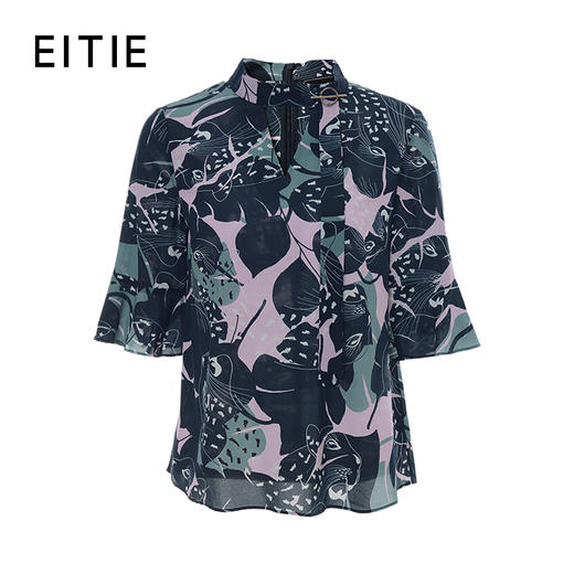 EITIE爱特爱夏季桑蚕丝新款时尚通勤立领飘带印花喇叭袖上衣女5913625 商品图8